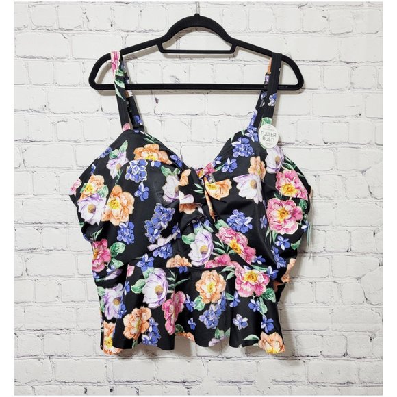 Torrid 5 F Black Floral Tie Front Peplum Underwire Midkini Tankini Top 5X 28 - Picture 4 of 10